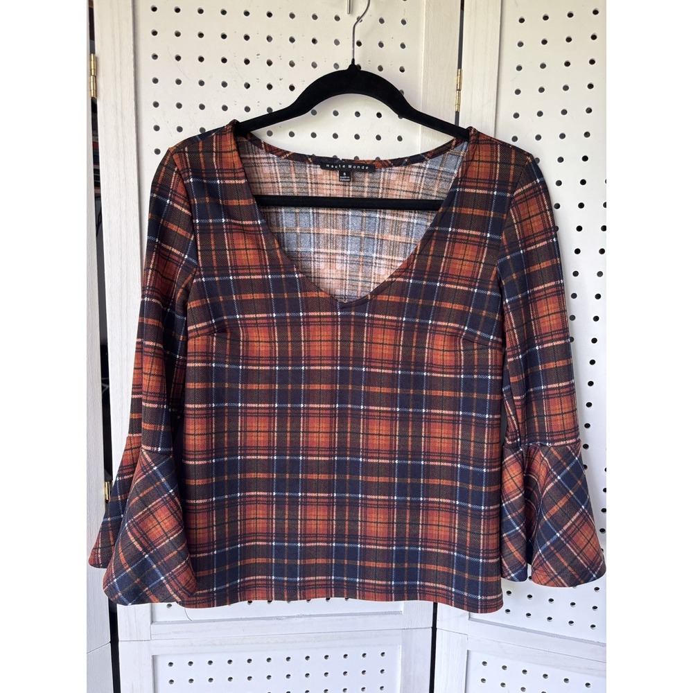 Haute Monde Women's Small Brown Blue Fall Plaid V Neck Bell Sleeve‎ Blouse